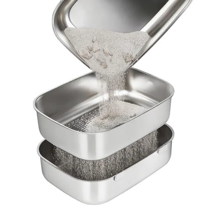 Stainless Steel High-Rim Easy-Clean Cat Litter Sifting Bowl, Includes Scoop and Transfer Bag