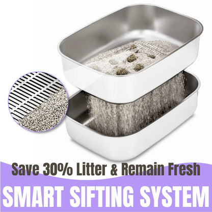 Stainless Steel High-Rim Easy-Clean Cat Litter Sifting Bowl, Includes Scoop and Transfer Bag