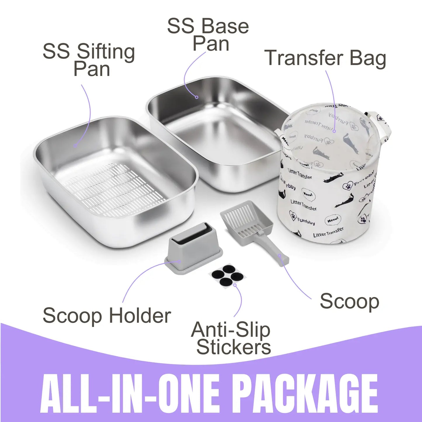 Stainless Steel High-Rim Easy-Clean Cat Litter Sifting Bowl, Includes Scoop and Transfer Bag