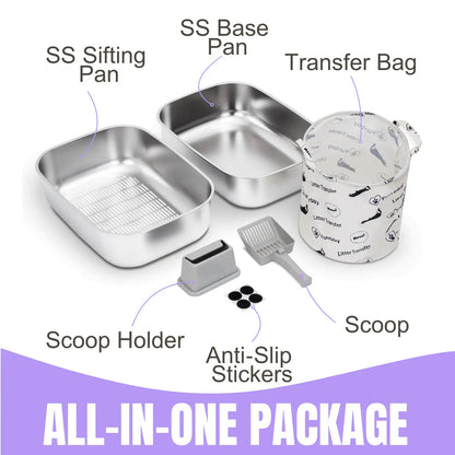 Stainless Steel High-Rim Easy-Clean Cat Litter Sifting Bowl, Includes Scoop and Transfer Bag